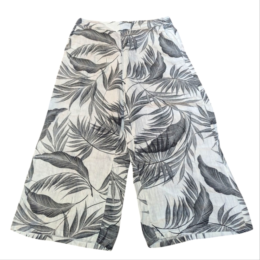 Tahari Linen Pants XL Pull On Wide Leg Pockets Palm Leaf Print White Cropped